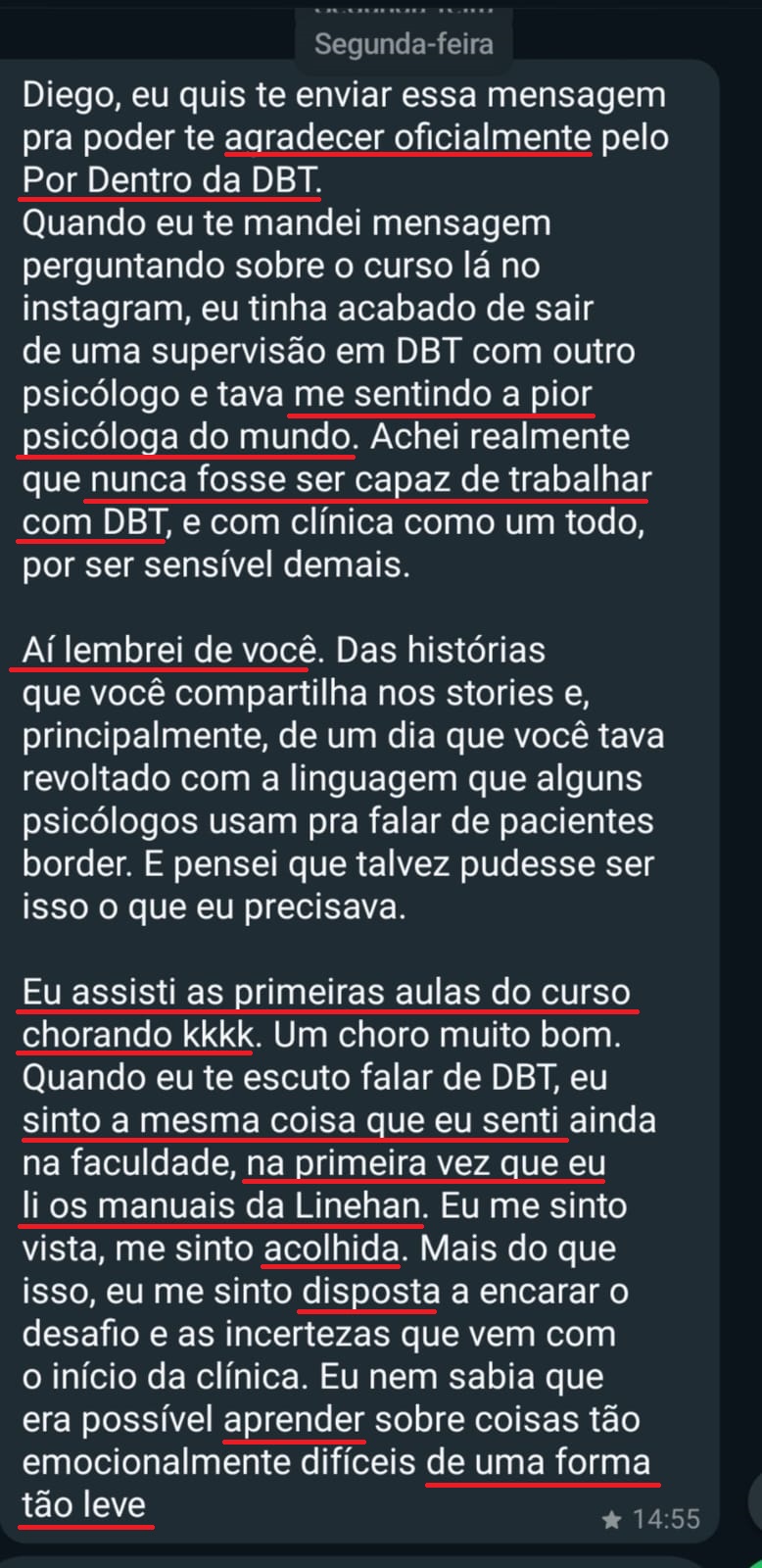 Depoimento chorei nas primeiras aulas